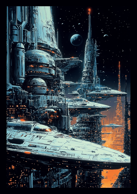 Affiche vintage science-fiction de vaisseaux spatiaux dans le ciel, vu de près.