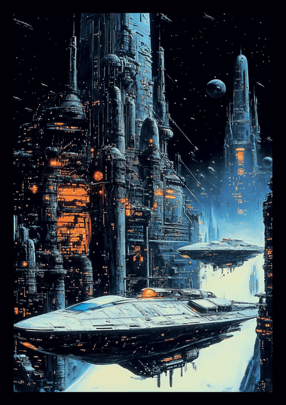 Affiche vintage science-fiction de deux vaisseaux spatiaux dans un univers galactique.