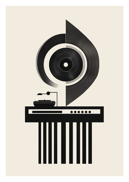 Affiche bauhaus d'une platine vinyle et formes géométriques, noire sur fond crème.