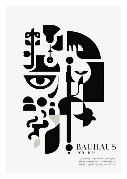 Affiche bauhaus d'un visage déconstruit, noir sur fond gris très clair avec un texte