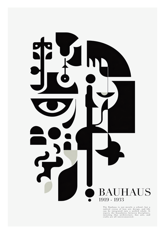 Affiche bauhaus d'un visage déconstruit, noir sur fond gris très clair avec un texte