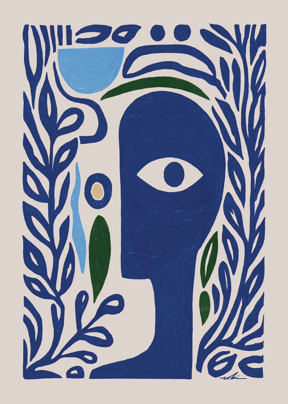 Affiche murale abstraite illustrant un visage,entouré de motifs organiques bleus.