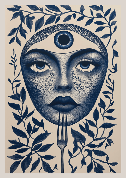 Affiche illustration visage de femme en bleu sur fond crème, avec une fourchette.