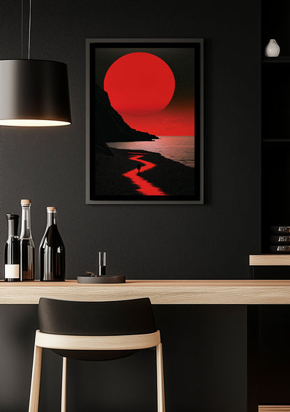 Affiche illustration homme marchant  la lueur de la lune, encadrée dans une cuisine noire.