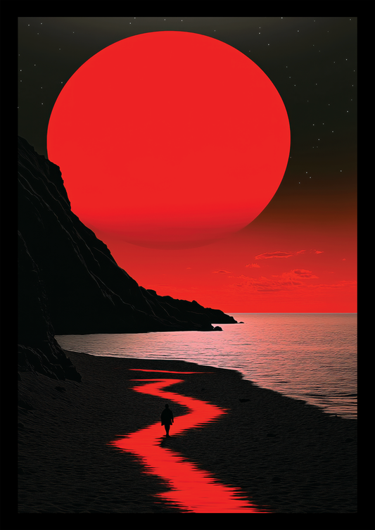Affiche illustration homme en bord de mer marchant à la lueur de la lune rouge.