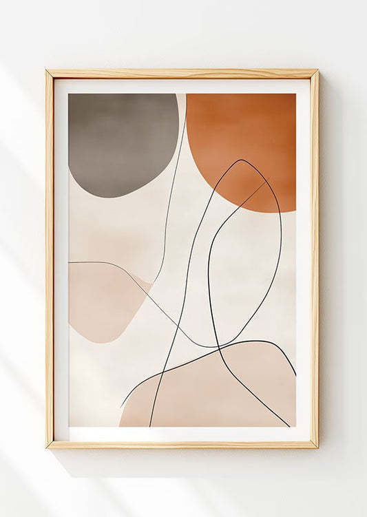 Affiche poster de style Wabi-Sabi abstraite au couleur terre dans un cadre en bois.