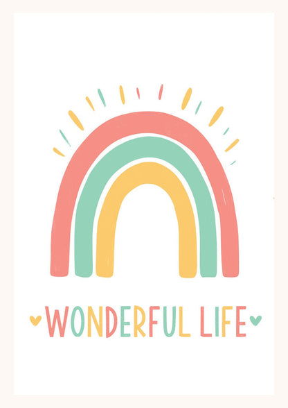 Affiche pour chambre bébé d'un arc-en-ciel couleur jaune pastel avec le texte "Wonderful life".