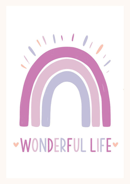 Affiche pour chambre bébé d'un arc-en-ciel couleur rose pastel avec le texte "Wonderful life".