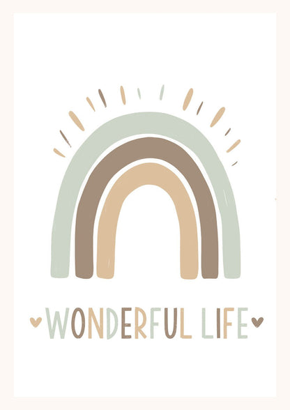 Affiche pour chambre bébé d'un arc-en-ciel couleur vert pastel avec le texte "Wonderful life".